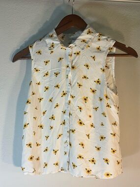 Clockhouse Sleeveless White Button-Up Top with Yellow Sunflower Print - EU 34